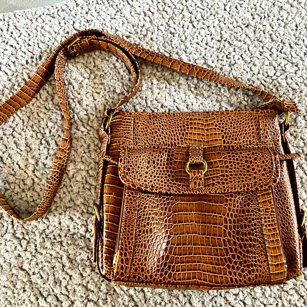 Crocodile Vintage Pleather Faux Leather Brown Crossbody Purse Handbag